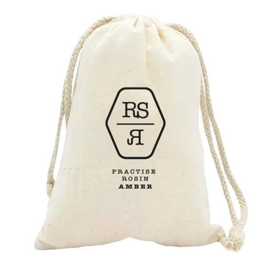 Roughstock Rosin Practise Rosin Rocks. Beige drawstring bag with &#39;RS&#39; logo and text on a white background