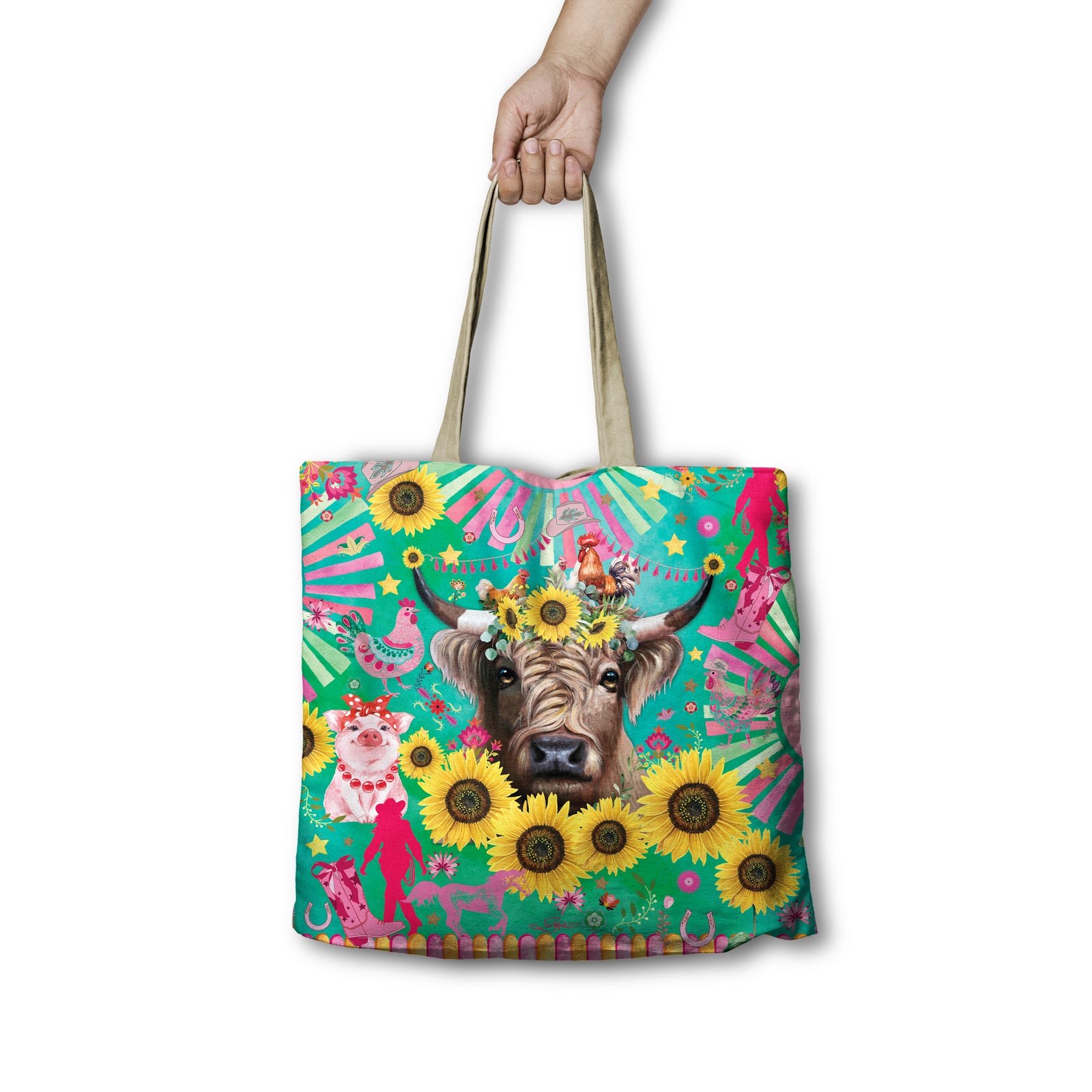Lisa Pollock Carnival Cow Shopping Bag. Tote bag with a colorful design featuring a cow, flowers, and abstract patterns on a white background.