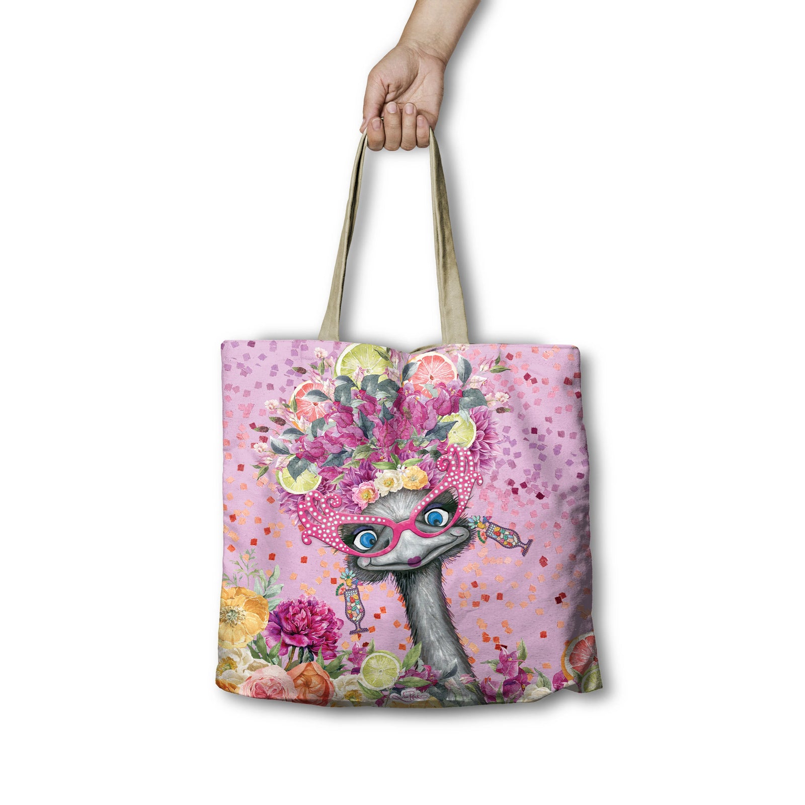 Lisa Pollock Edna Emu Shopping Bag. Tote bag with a colorful design of a character holding flowers on a white background