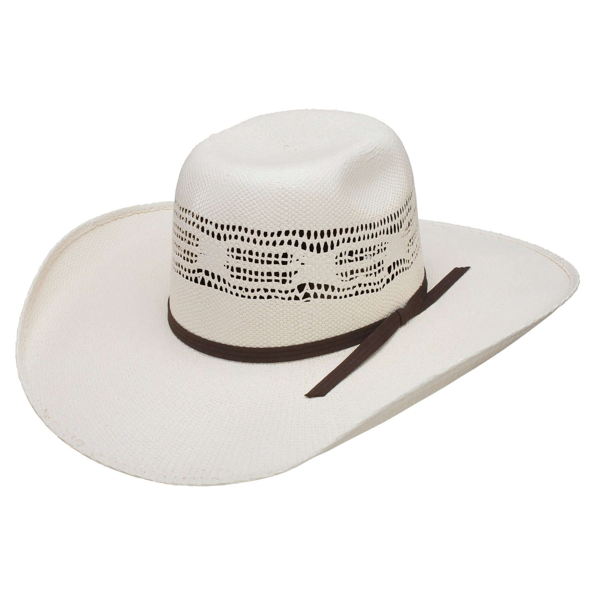 Children's white straw cowboy hat with a brown band, Resistol branding, and a rounded shape.
