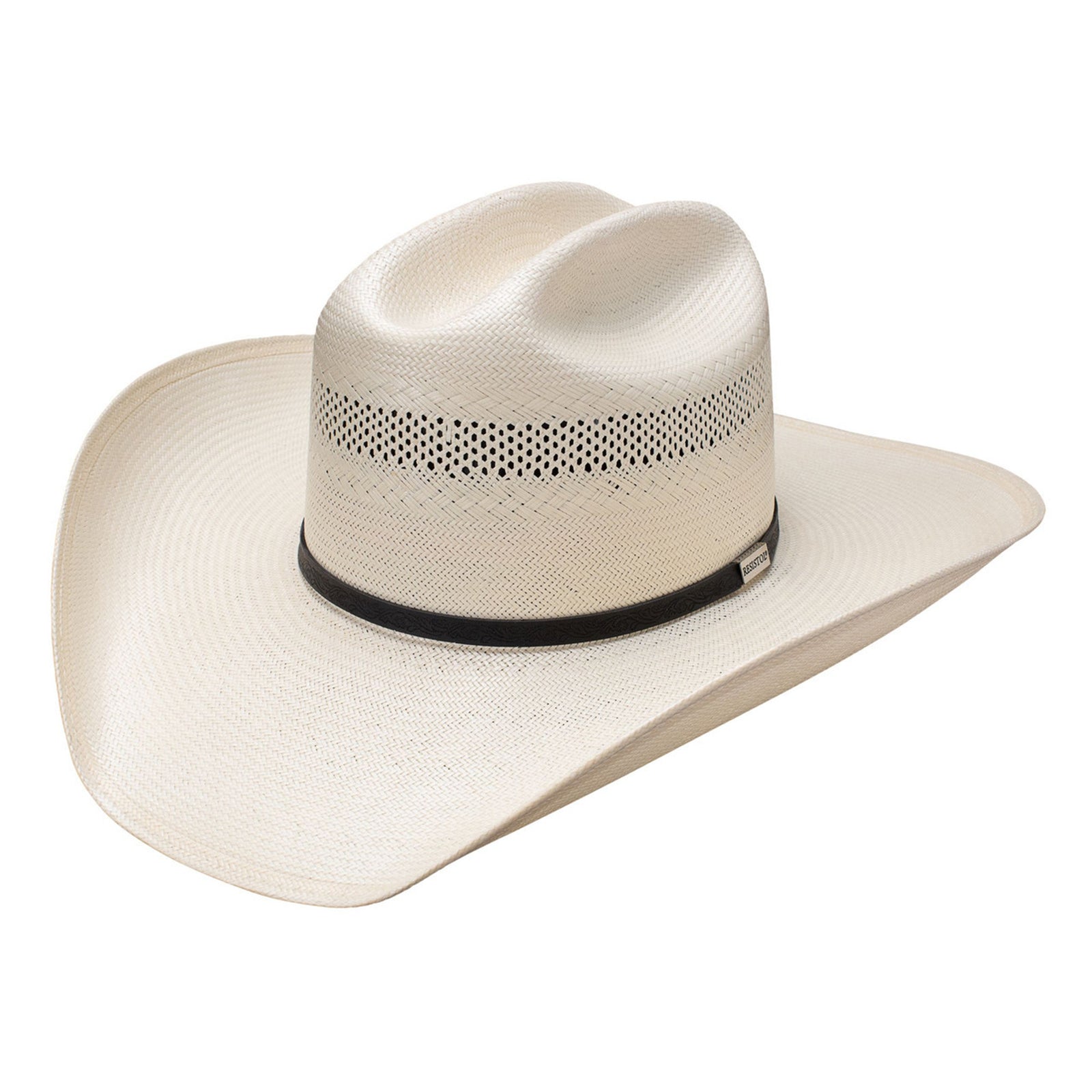 A Resistol Ranch Road Straw Cowboy Hat with a beige crown and brim, featuring a black band around the crown.