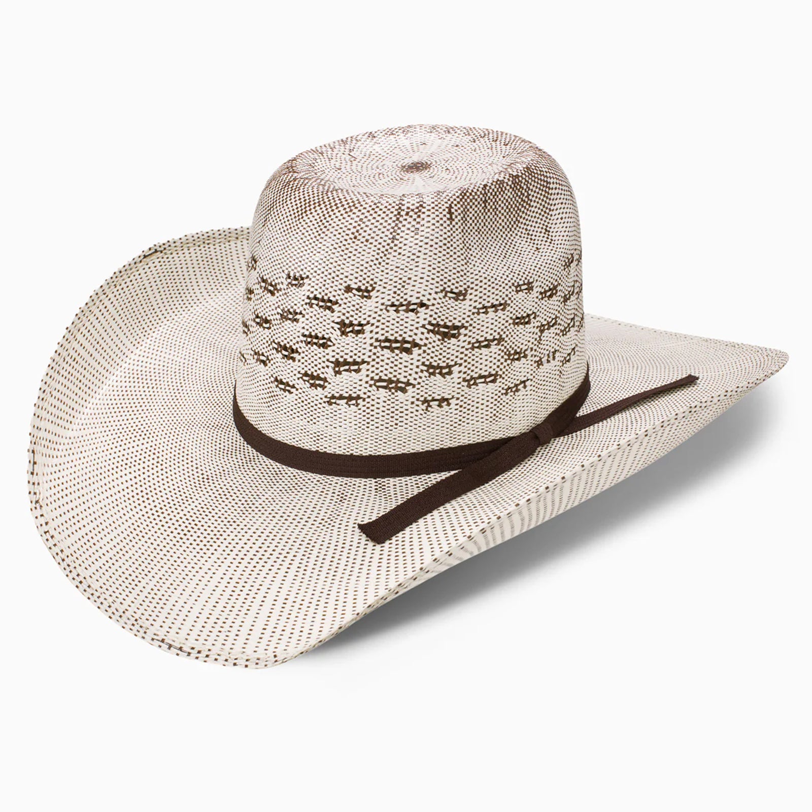Resistol Everett Bangora Straw Cowboy Hat. A beige straw cowboy hat with a brown leather sweatband and brown irregular stitchwork on the crown.