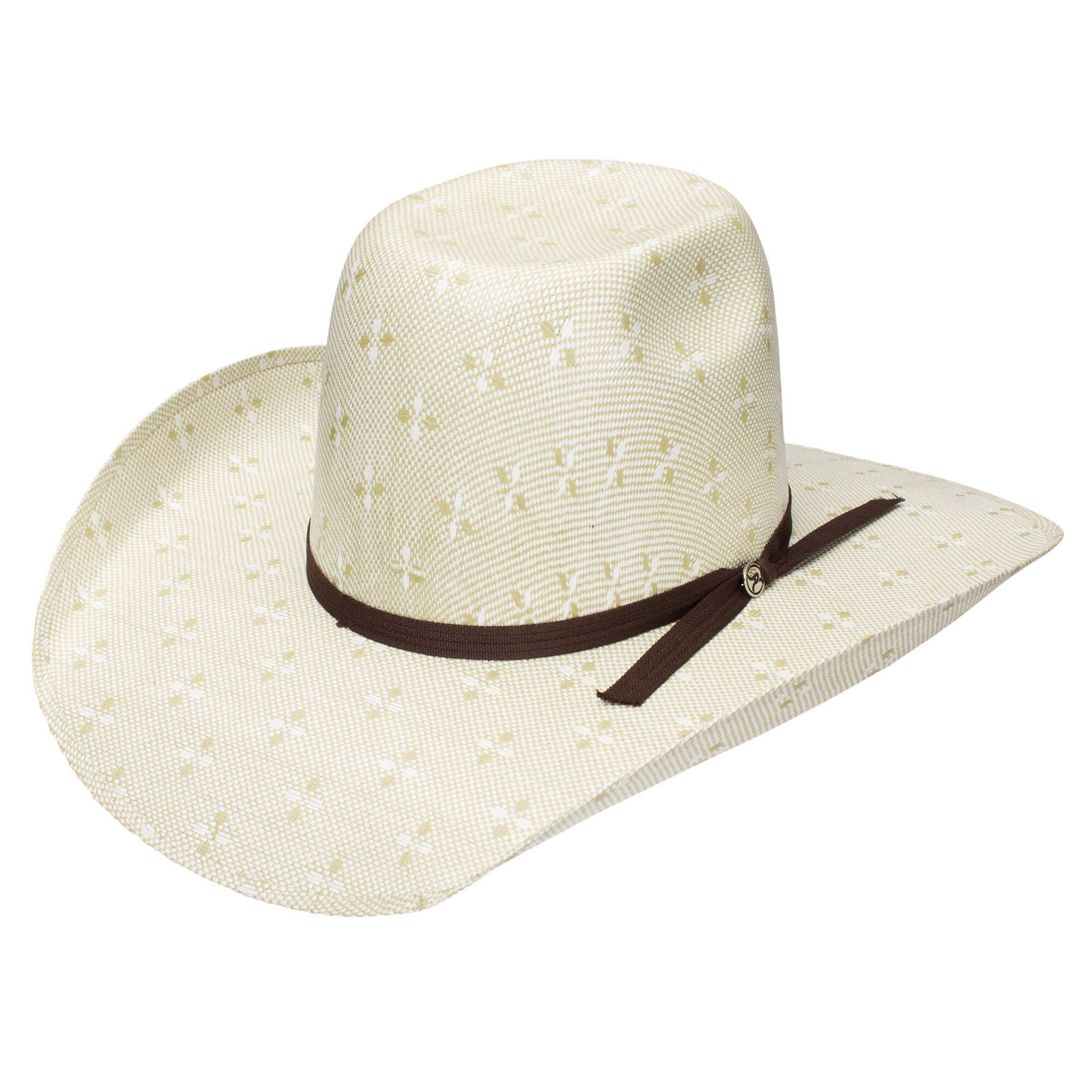 Resistol Hooey Pecos Straw Cowboy Hat. A white cowboy hat with a brown sweatband and a patterned design on the crown.