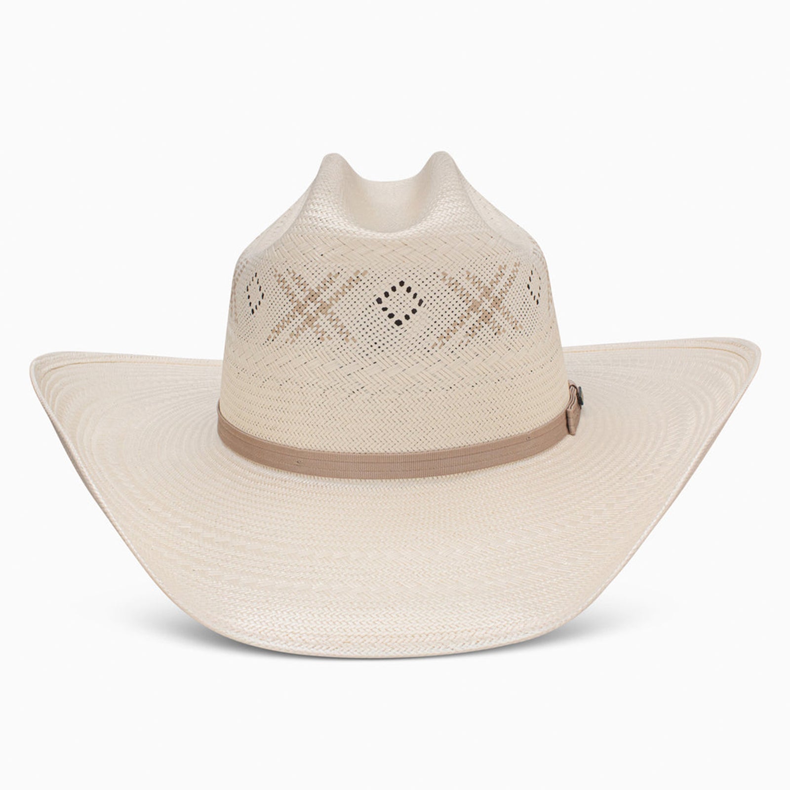 A Resistol 20X Martel Straw Cowboy Hat with a beige color and a tan ribbon band.