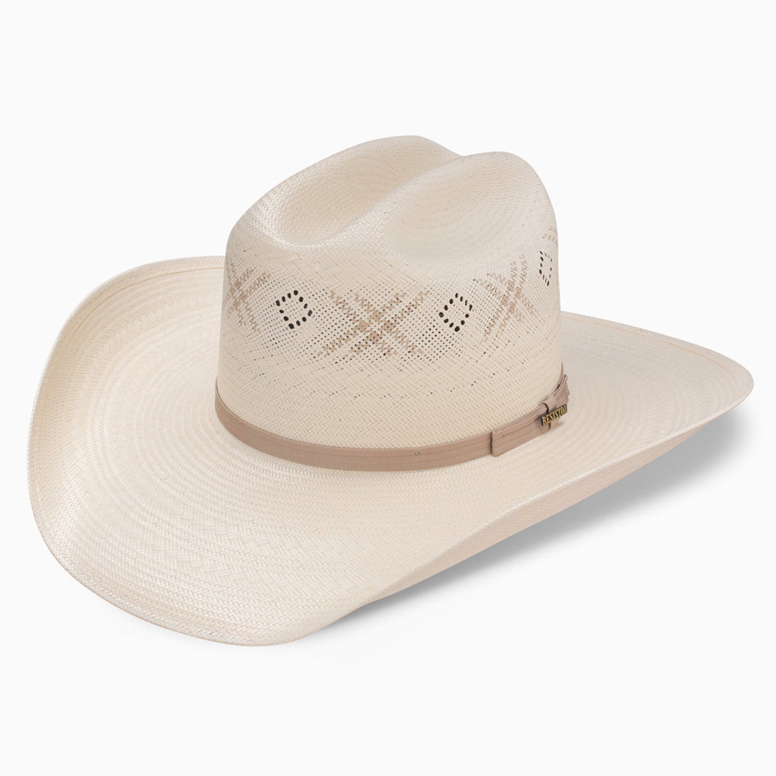 A Resistol 20X Martel Straw Cowboy Hat with a beige color and a tan ribbon band.