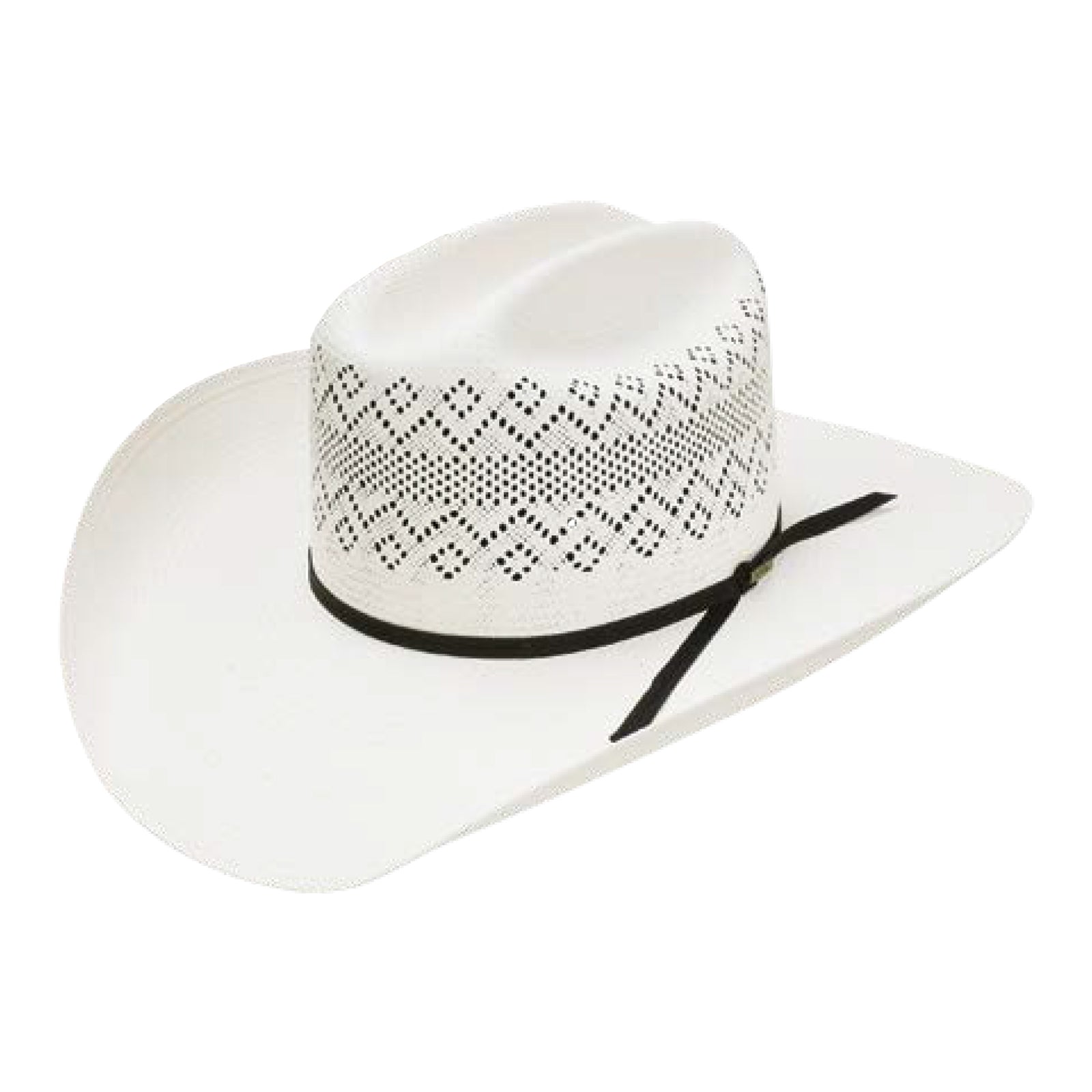 Resistol 20X Riverton Straw Cowboy Hat. A white straw cowboy hat with a black band and patterned brim.