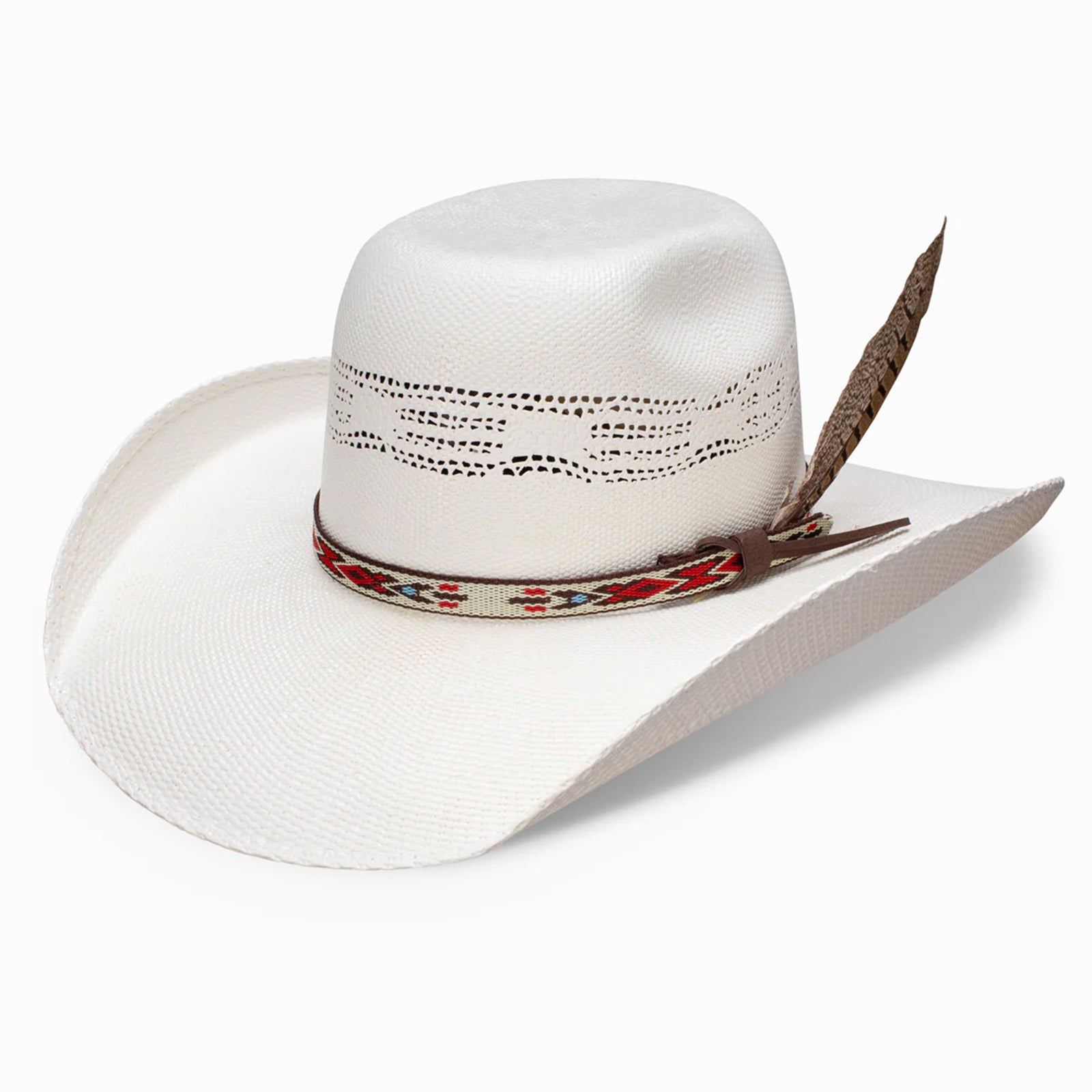 Resistol Young Gun Bangora Straw Cowboy Hat. A white Resistol Young Gun Bangora Straw Cowboy Hat with a patterned hatband and a feather decoration.