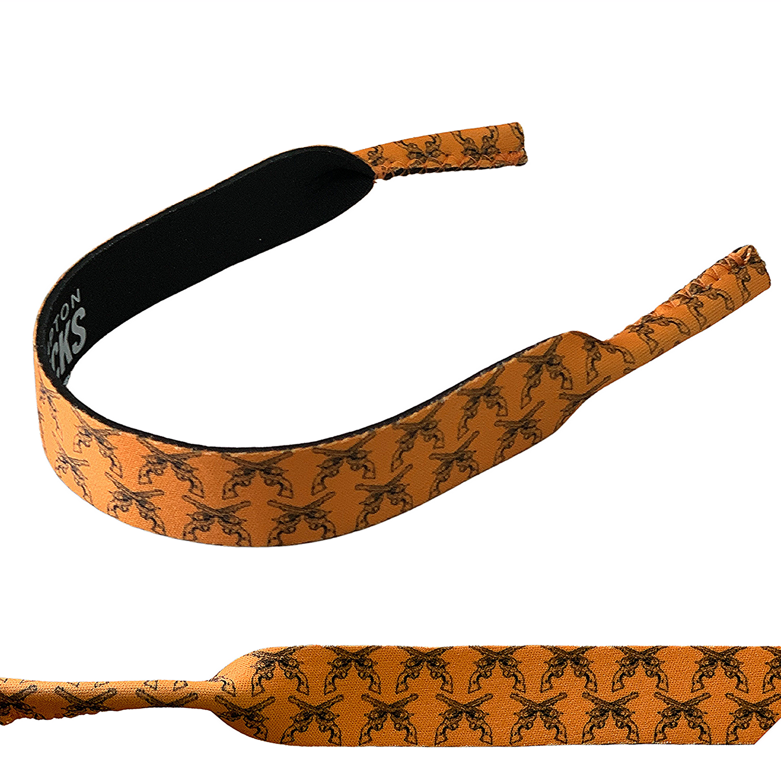 Rocky Mavericks Rusty Pistols Sunglasses Strap. A neoprene sunglasses strap with a black buckle, featuring a pattern of rusty pistols in orange.