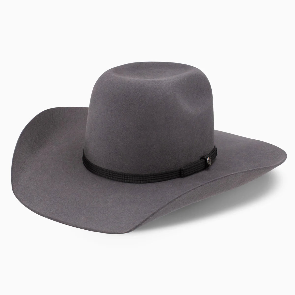 Resistol 4X Hooey Day Money Felt Cowboy Hat. Gray cowboy hat with a black band on a white background