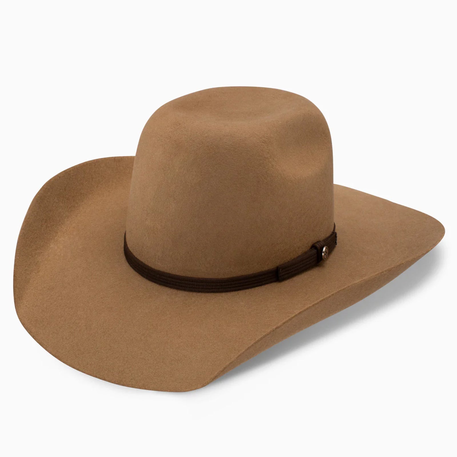 A Resistol Hooey Day Money Felt Cowboy Hat in pecan color with a rounded brick crown and a dark band.