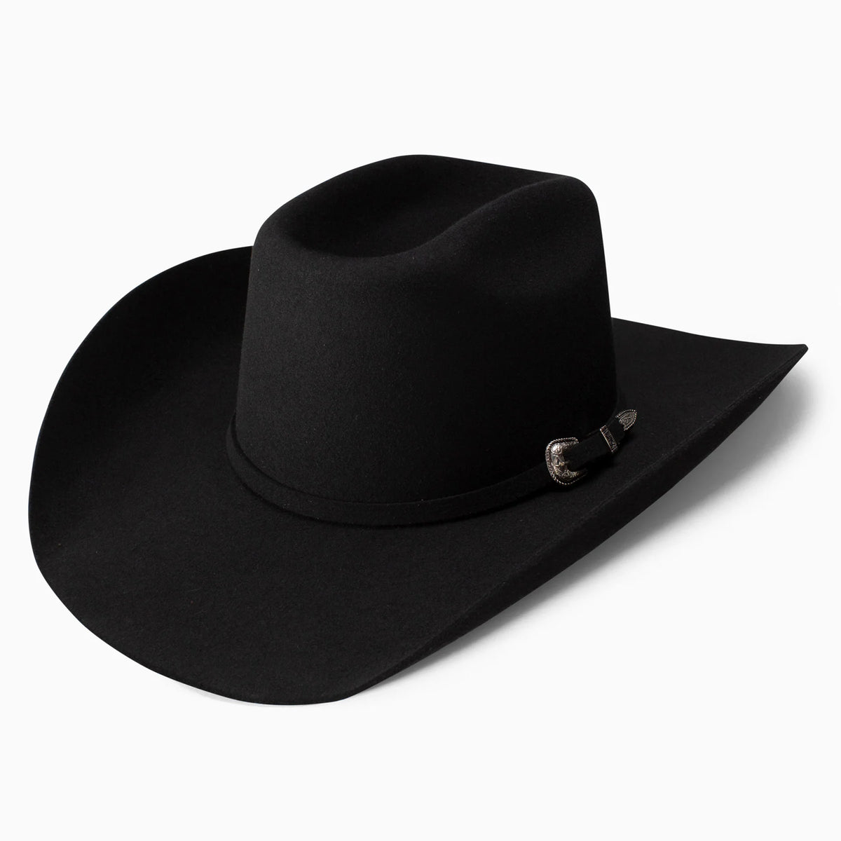 Resistol Pennington Youth Felt Cowboy Hat. Black cowboy hat with a silver buckle on a white background