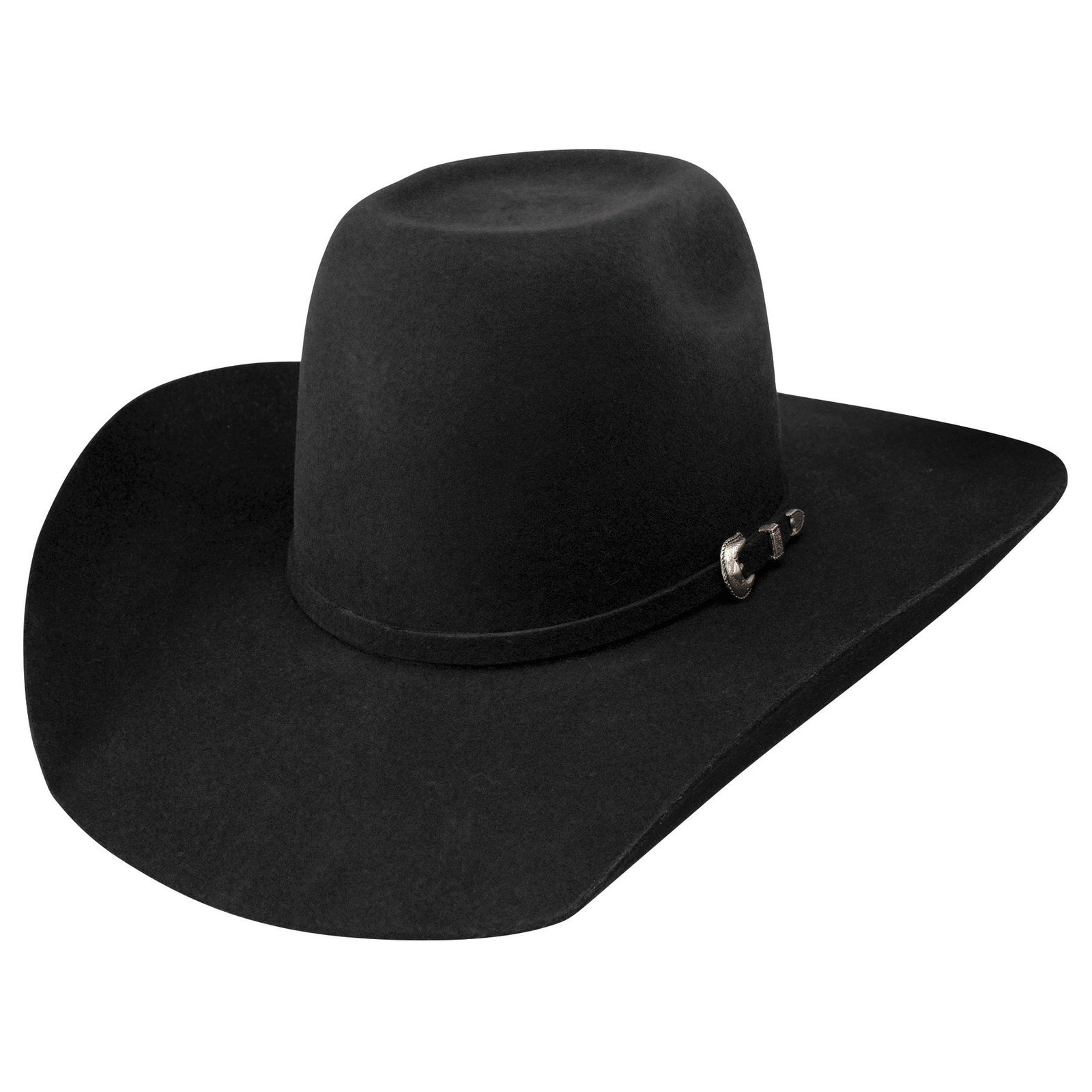 Resistol 3X Pay Window Felt Cowboy Hat. A black felt cowboy hat with a rounded brick crown and a regular shape, featuring a 4 1/4 inch brim and a decorative pin on the band.