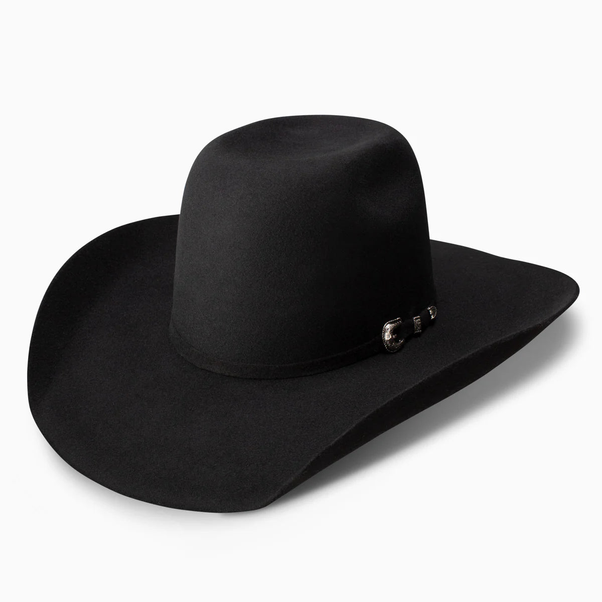Resistol 3X Pay Window Felt Tuff Hedeman Cowboy Hat. Black cowboy hat with a band on a white background
