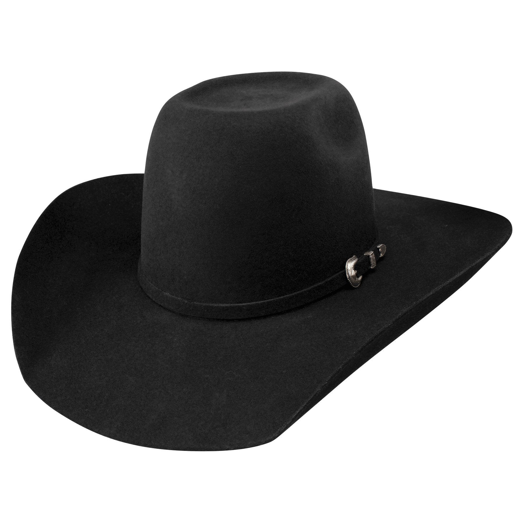 Resistol 3X Pay Window Felt Cowboy Hat. A black felt cowboy hat with a rounded brick crown and a regular shape, featuring a 4 1/4 inch brim and a decorative pin on the band.