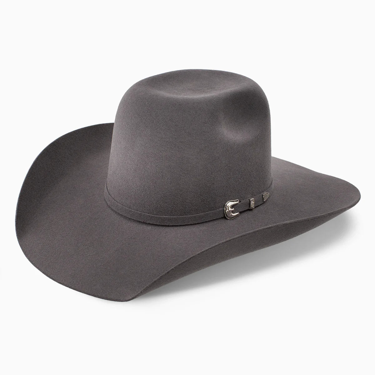 Resistol 3X Pay Window Tuff Hedeman Felt Cowboy Hat. Gray cowboy hat with a decorative band on a white background