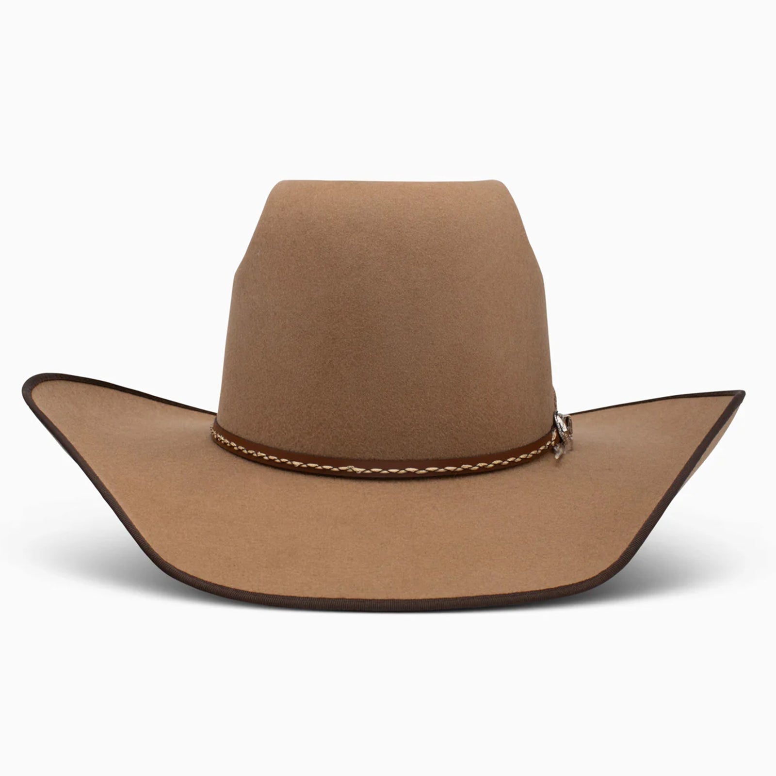 A Resistol 3X Rockland B Felt Cowboy Hat with a brown color and a decorative band around the base.