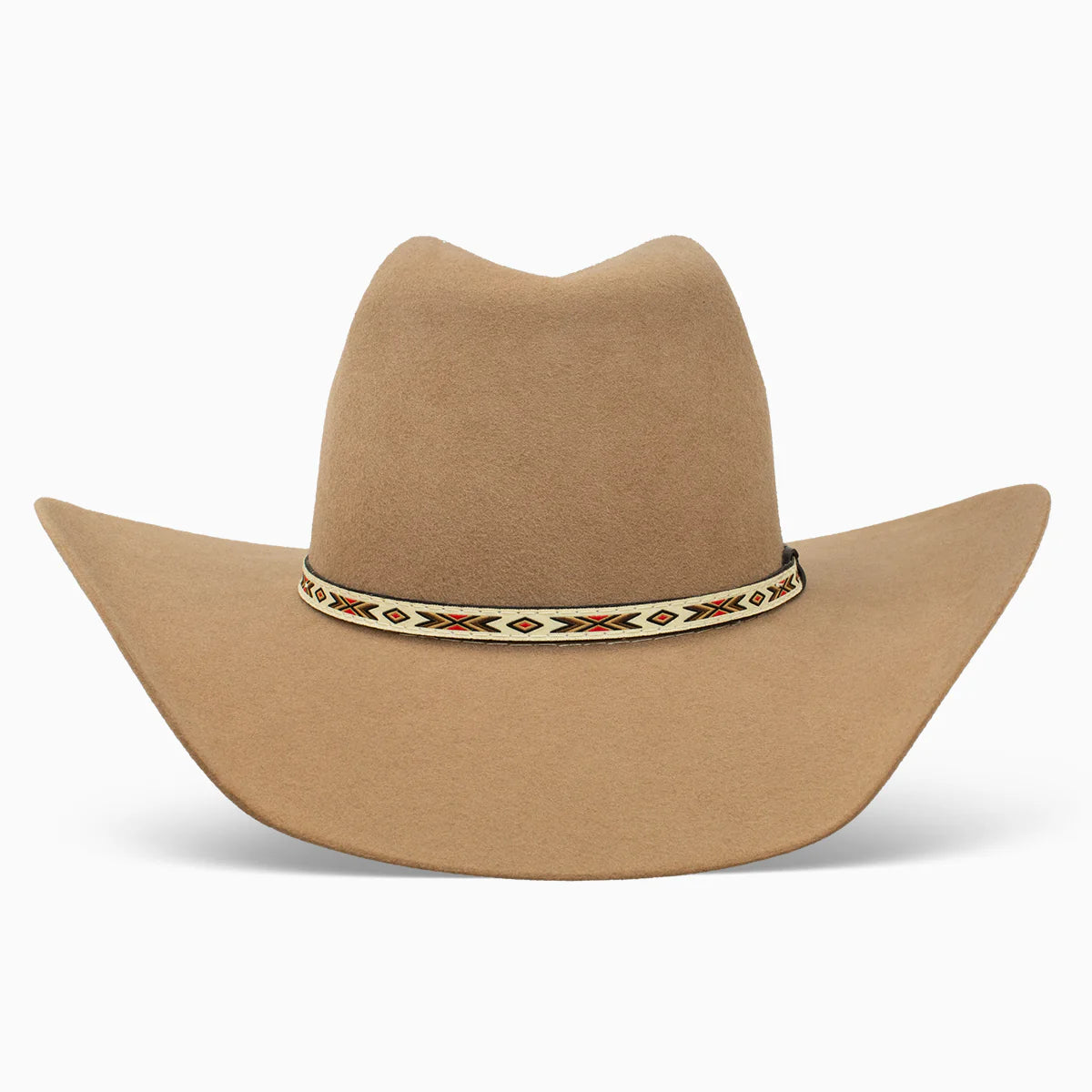Resistol 3X Tempe Tuff Hedeman Felt Cowboy Hat. Tan cowboy hat with a decorative band on a white background