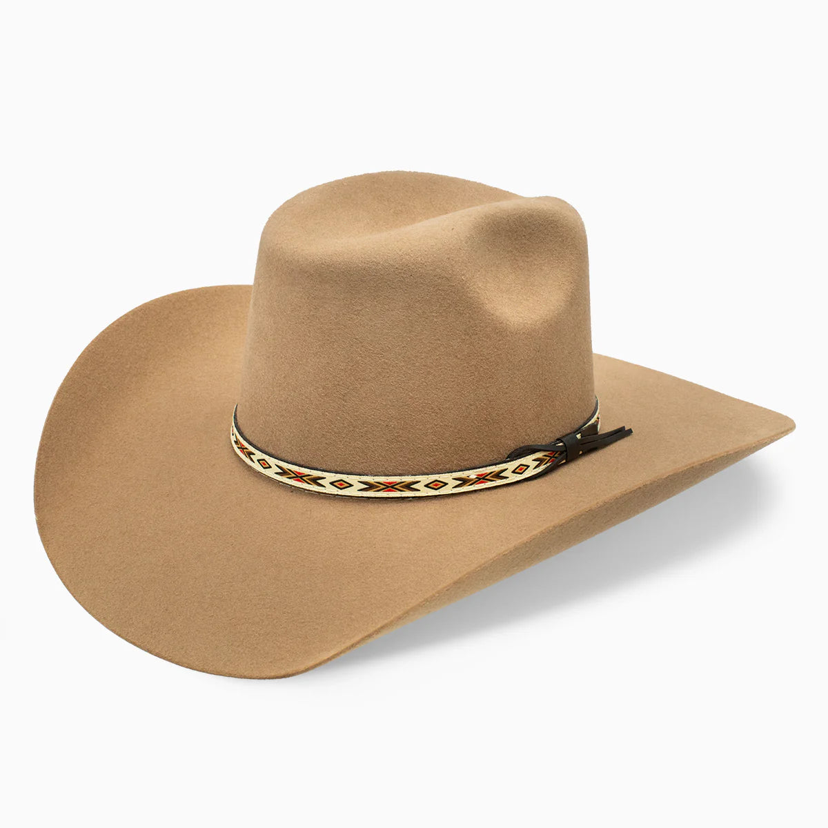 Resistol 3X Tempe Tuff Hedeman Felt Cowboy Hat. Tan cowboy hat with a decorative band on a white background