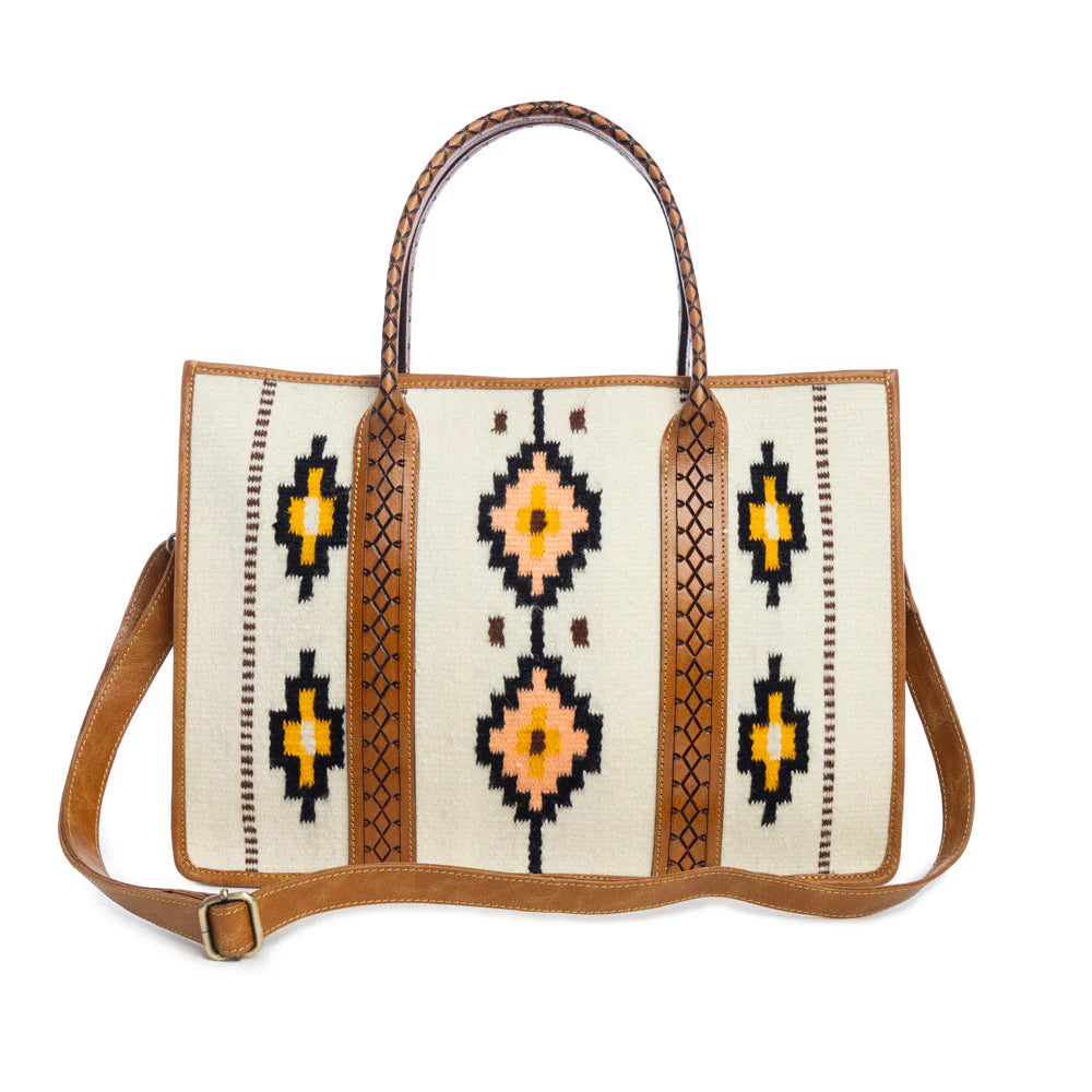 Women's Cedar Crest Canvas & Leather Bag. A canvas and leather handbag with geometric patterns and brown leather straps.