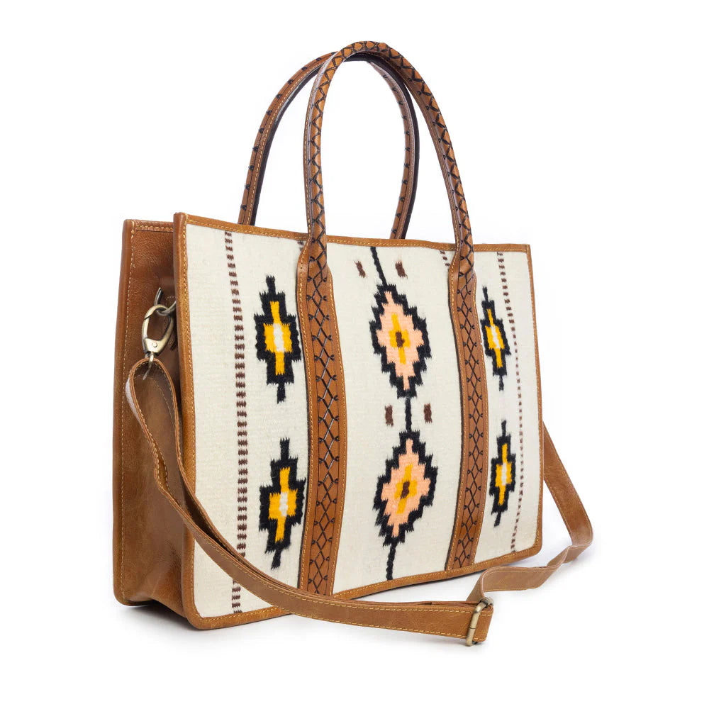 Women's Cedar Crest Canvas & Leather Bag. A canvas and leather handbag with geometric patterns and brown leather straps.