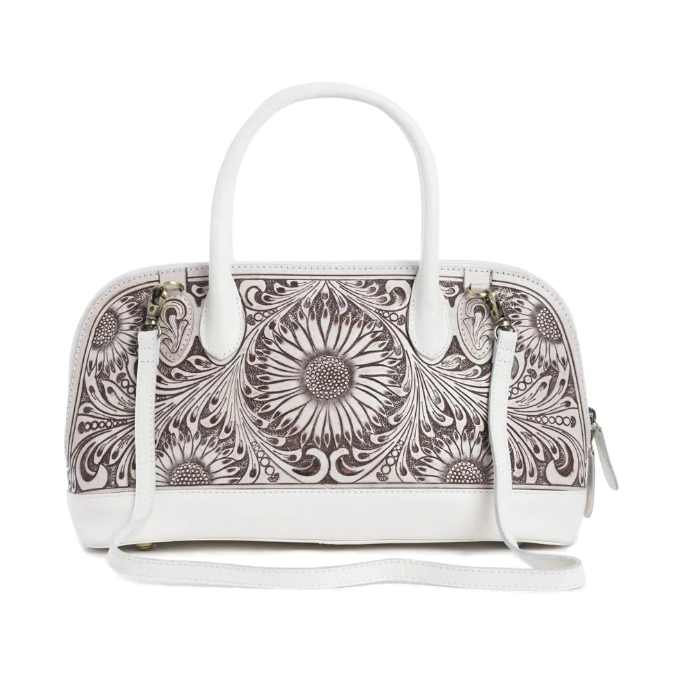 Women's Winslow Creek Handtooled Bag. A white hand-tooled leather handbag with traditional Western floral patterns and a stone finish. It includes two handles and a detachable shoulder strap.