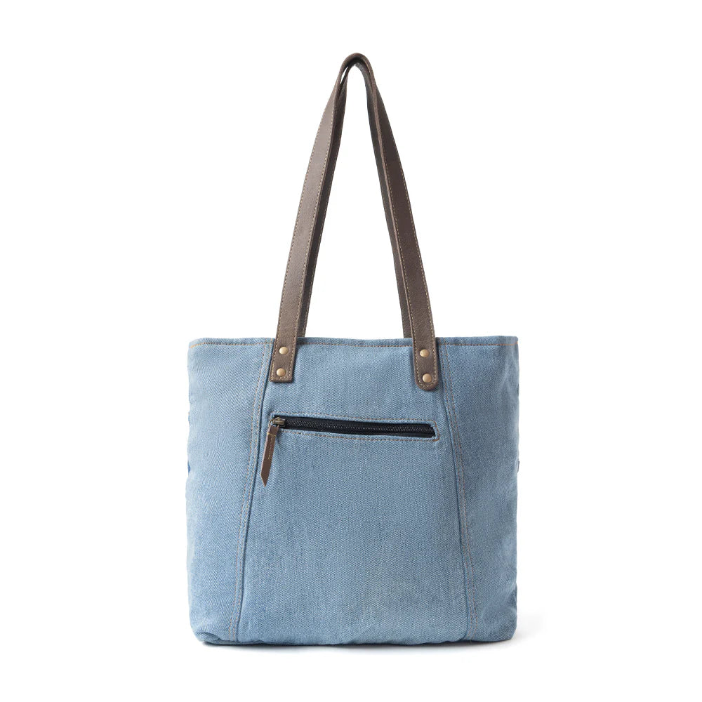 Light blue tote bag with brown leather straps on a white background