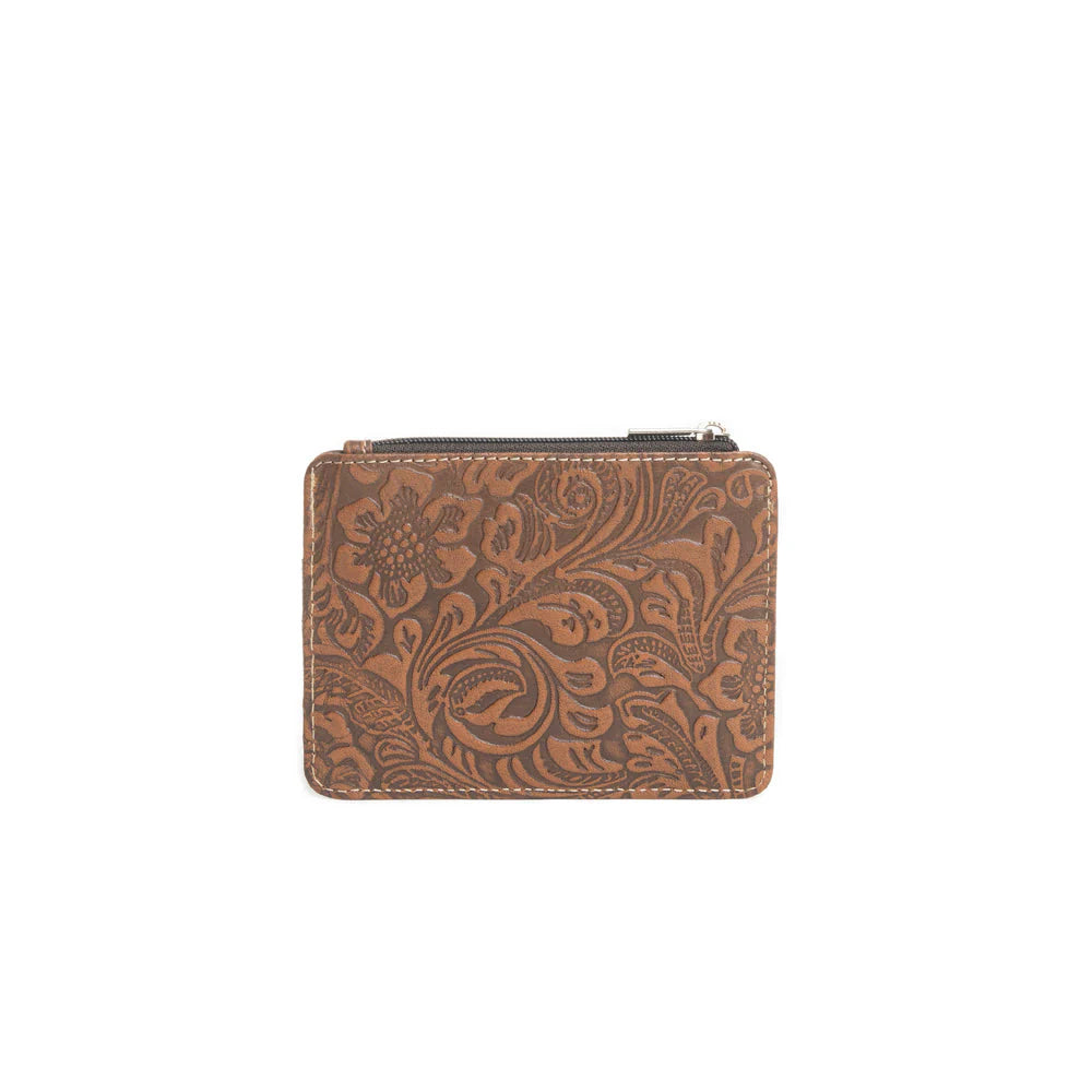 Brown leather wallet with floral pattern on a white background