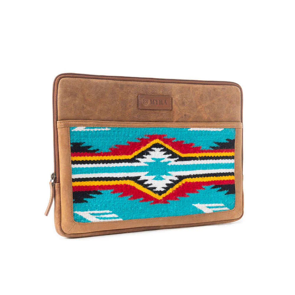 Laptop sleeve with tribal pattern and brown leather accents on a white background