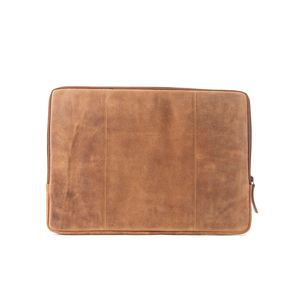 Brown leather laptop sleeve on a white background