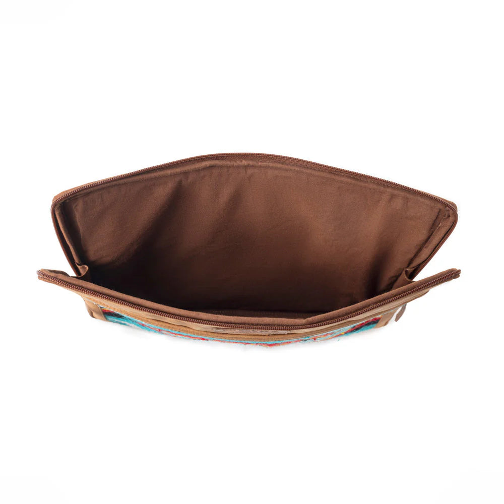 Brown pouch with a colorful pattern on a white background
