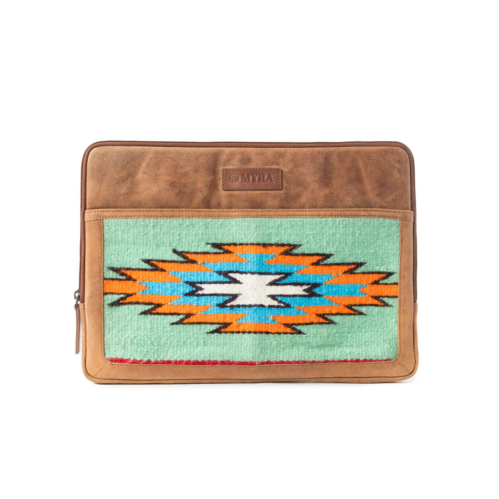 Minerva Prairie Laptop Case. A laptop case with a geometric pattern in turquoise, burgundy, and gold, framed by brown leather.
