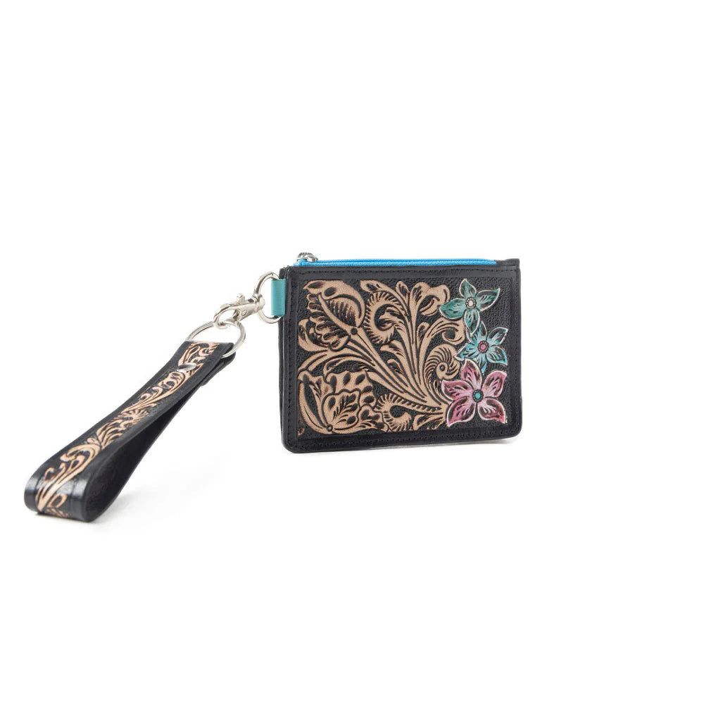 Pride of Prickly Pears Credit Card Holder in Black. Black leather wallet with floral embroidery and wrist strap on a white background