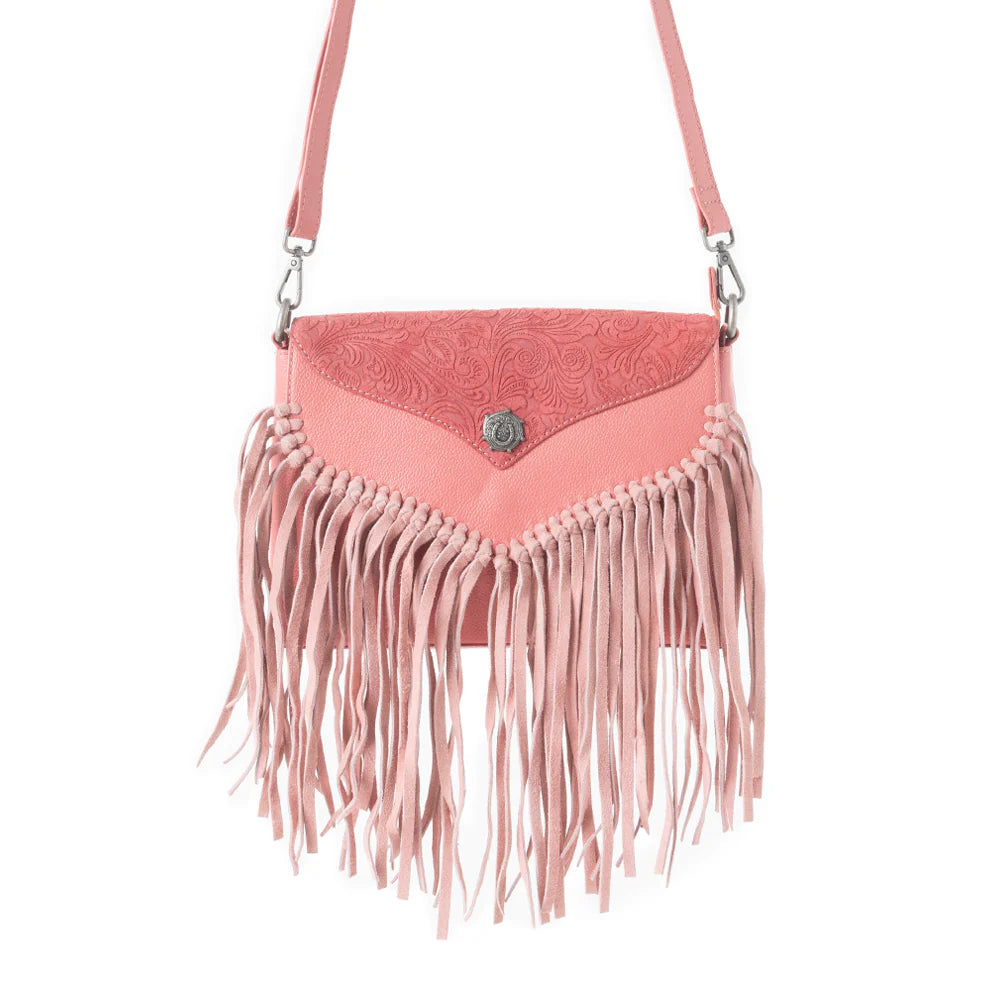 Wild West Fringe Leather Crossbody Bag in Pink. Pink suede handbag with fringe on a white background