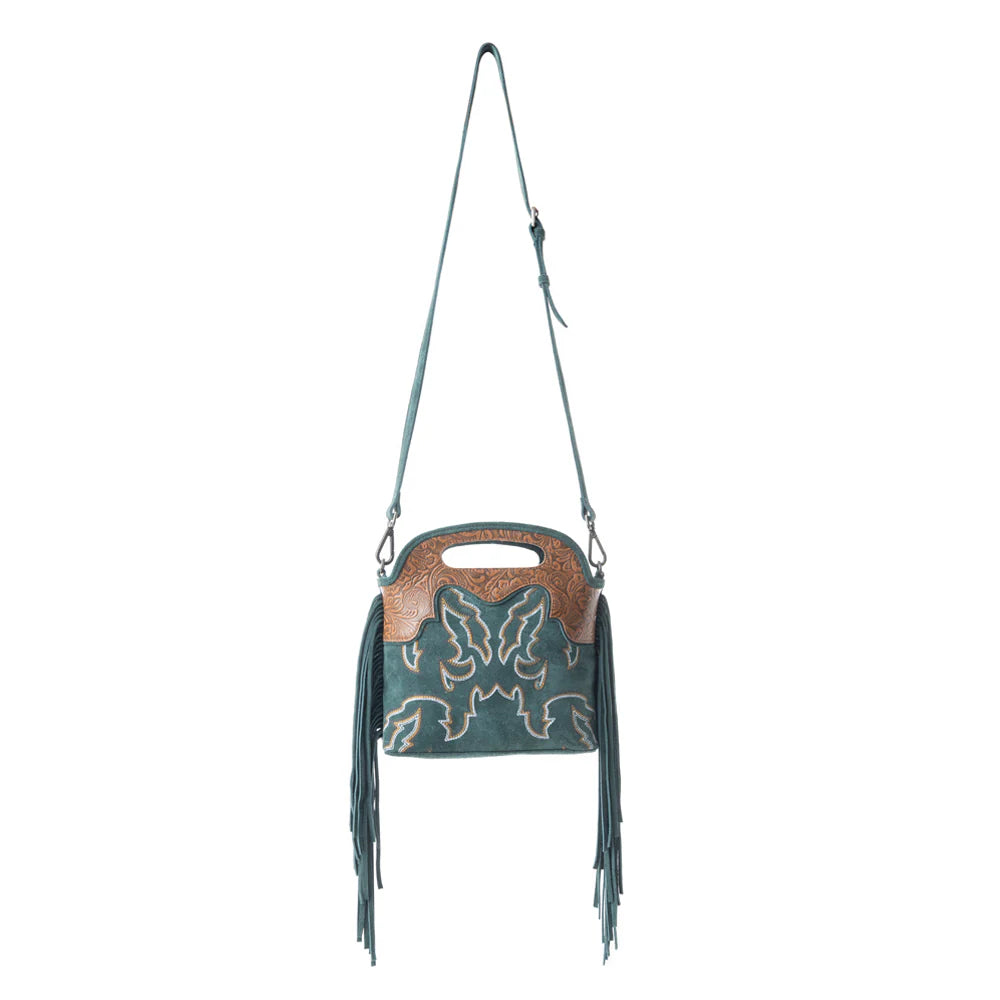 Electric Dessert Shoulder Bag In Green. Handbag with fringe and leather accents on a white background