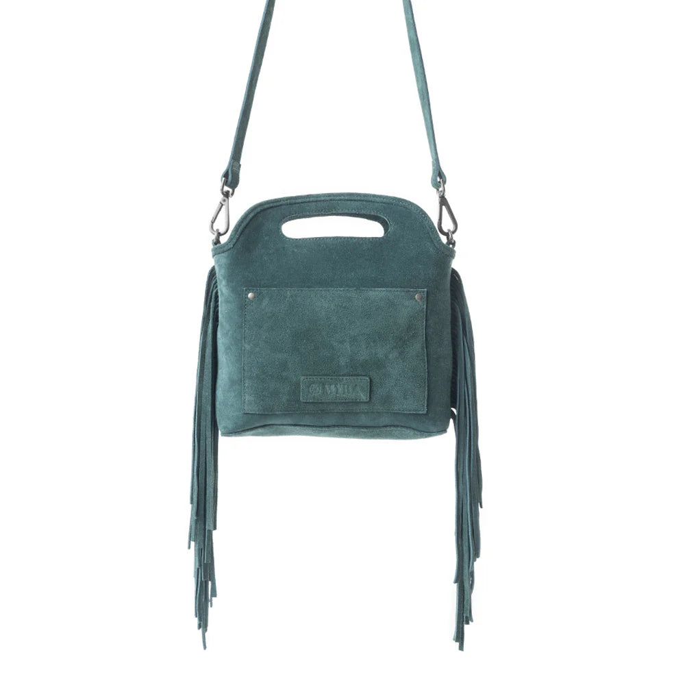Electric Dessert Shoulder Bag In Green. Green suede handbag with fringes on a white background