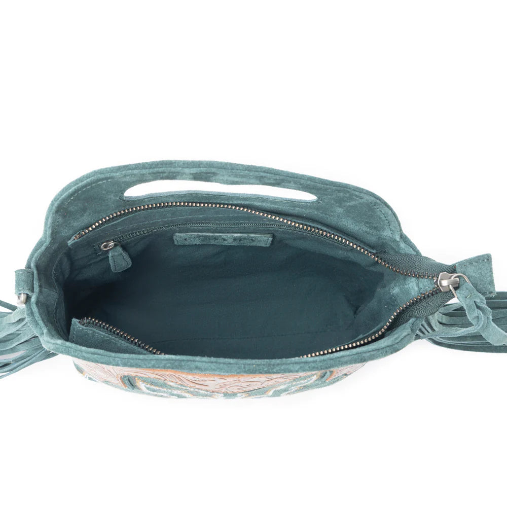 Electric Dessert Shoulder Bag In Green. Teal handbag with floral pattern inside on a white background