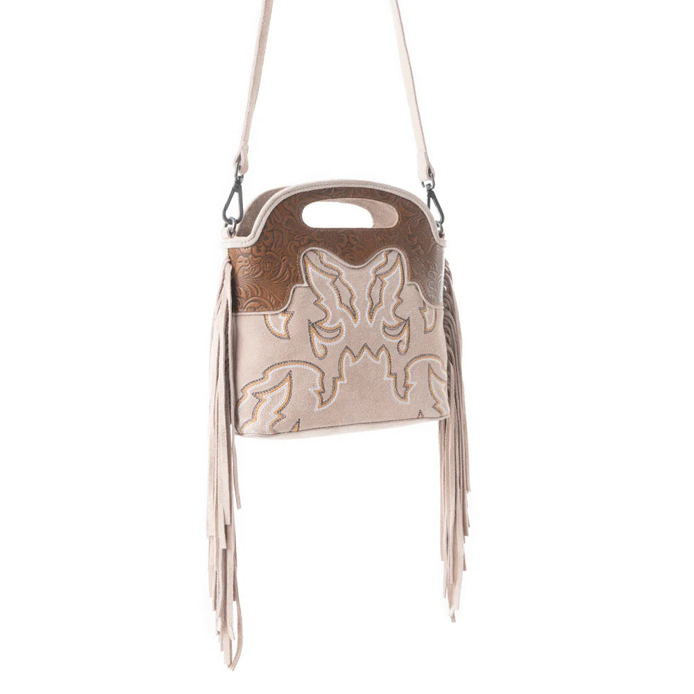 Electric Dessert Shoulder Bag In Brown. Handbag with fringe details on a white background