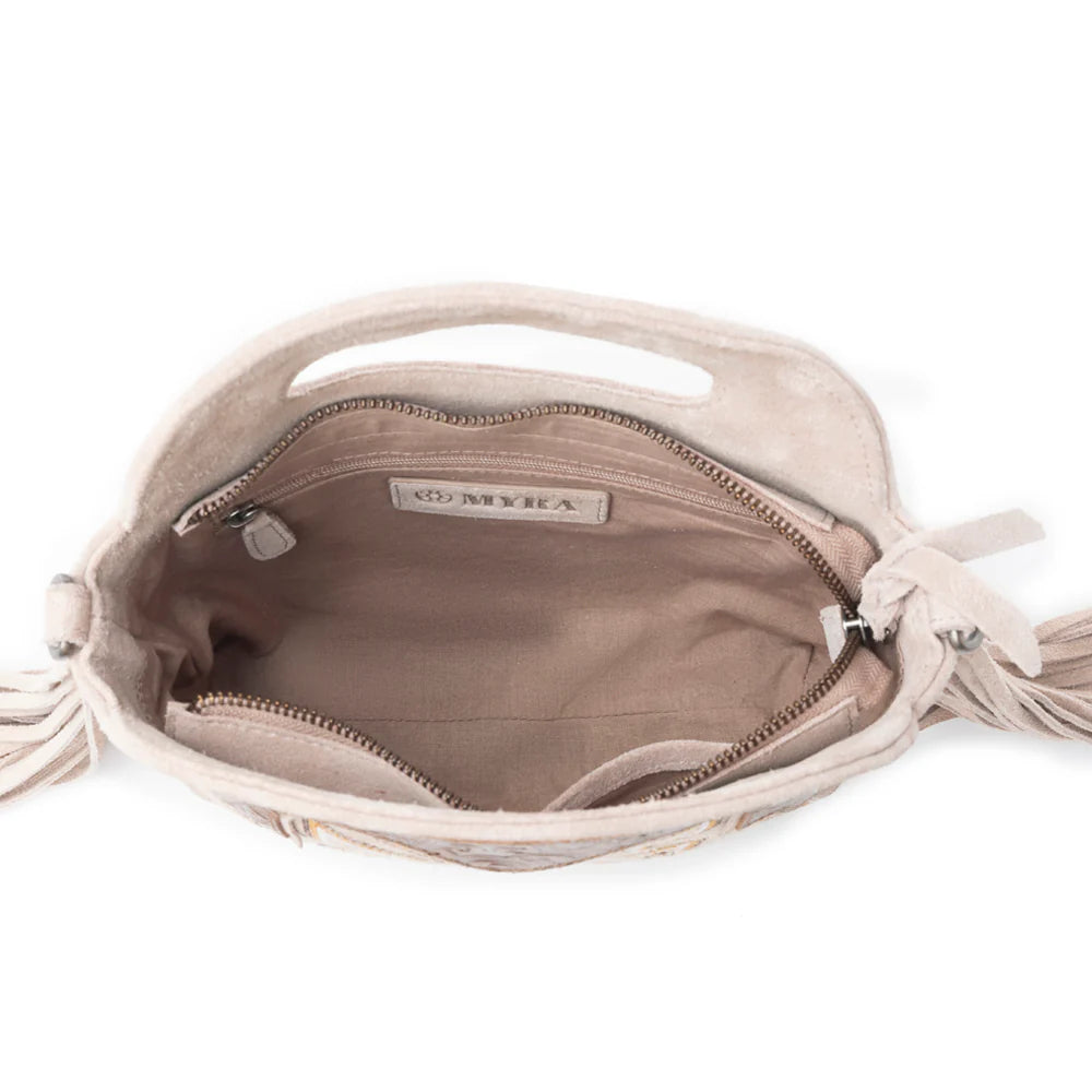 Electric Dessert Shoulder Bag In Brown. Beige handbag with tassels on a white background