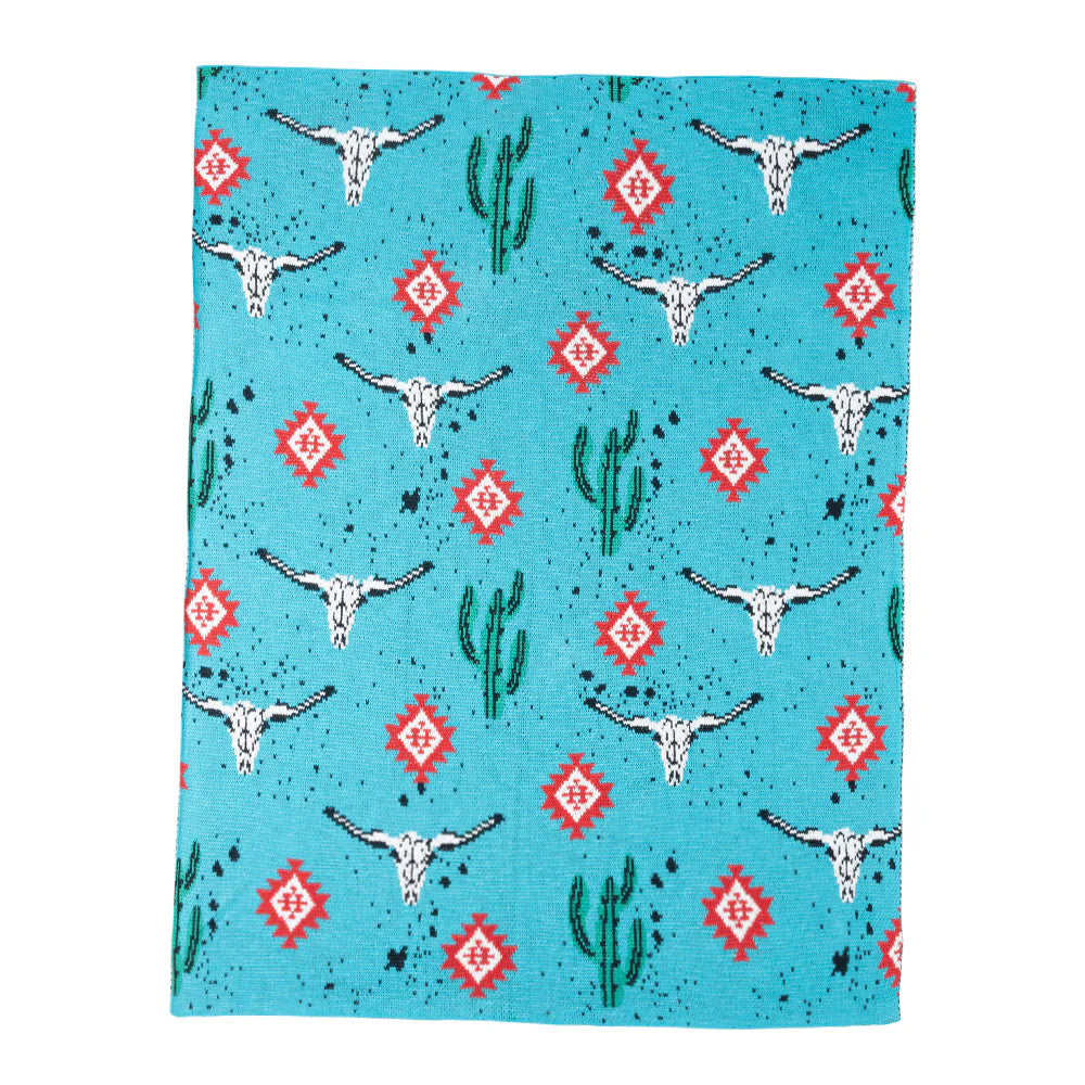 Desert Bloom Baby Blanket. Tea towel with longhorn cow skull and cactus pattern on a blue background