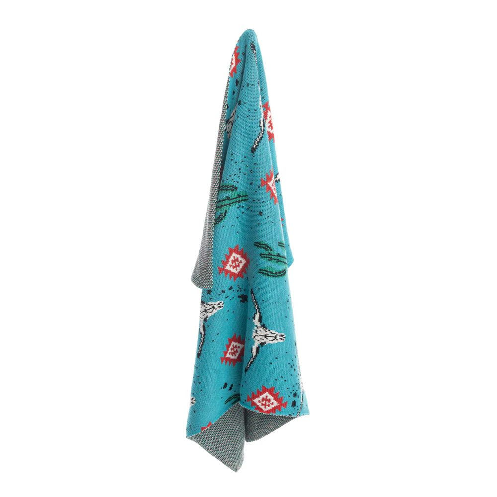 Desert Bloom Baby Blanket. Turquoise towel with red and white patterns on a white background