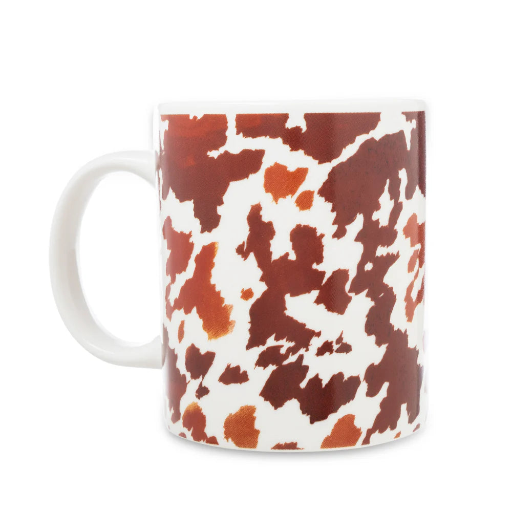 Sippin’ in the South Ceramic Mug in Brown Leapard Print. Mug with a red and white abstract pattern on a white background