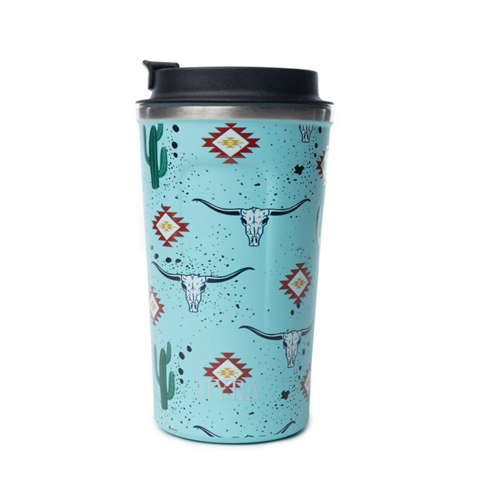 Western Trail Brew Stainless Steel Mug in Cactus Geometry. Travel mug with a blue pattern featuring longhorn cattle skulls and cacti on a white background.