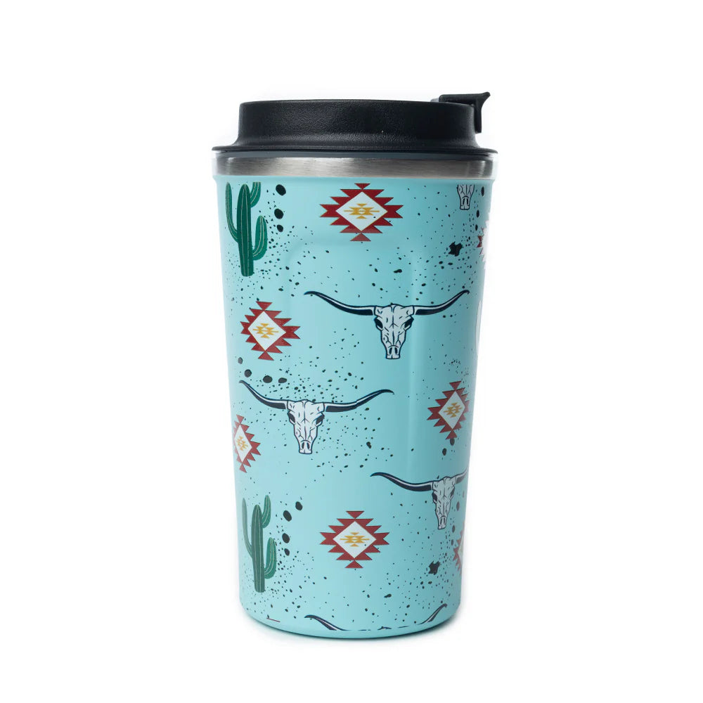 Western Trail Brew Stainless Steel Mug in Cactus Geometry. Travel mug with cactus and longhorn design on a light blue background