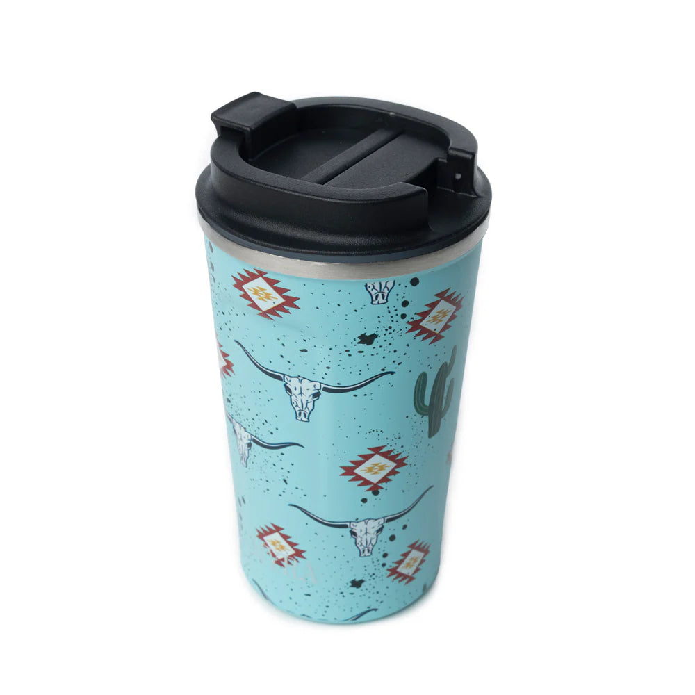 Western Trail Brew Stainless Steel Mug in Cactus Geometry. Travel mug with a blue pattern featuring longhorn cattle skulls and cacti on a white background.