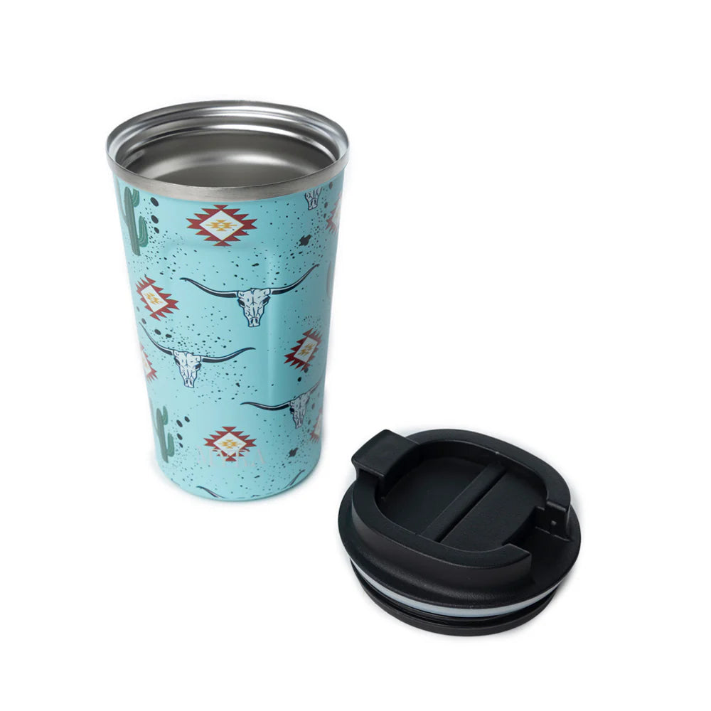 Western Trail Brew Stainless Steel Mug in Cactus Geometry. Travel mug with blue pattern and black lid on a white background