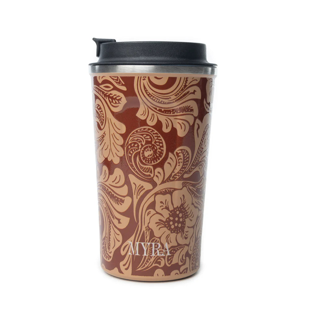 Western Trail Brew Stainless Steel Mug in Brown Baroque. Travel mug with floral pattern and black lid on a white background