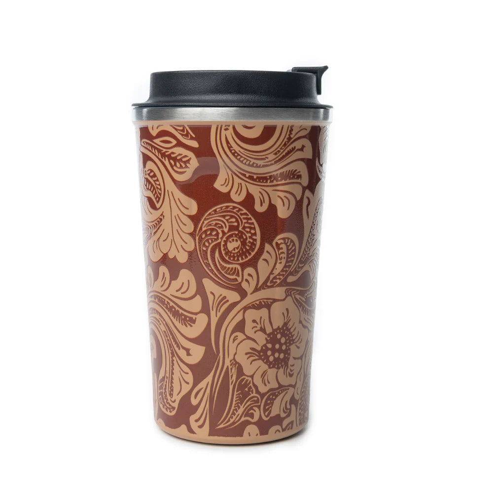 Western Trail Brew Stainless Steel Mug in Brown Baroque. Travel mug with floral pattern on a white background