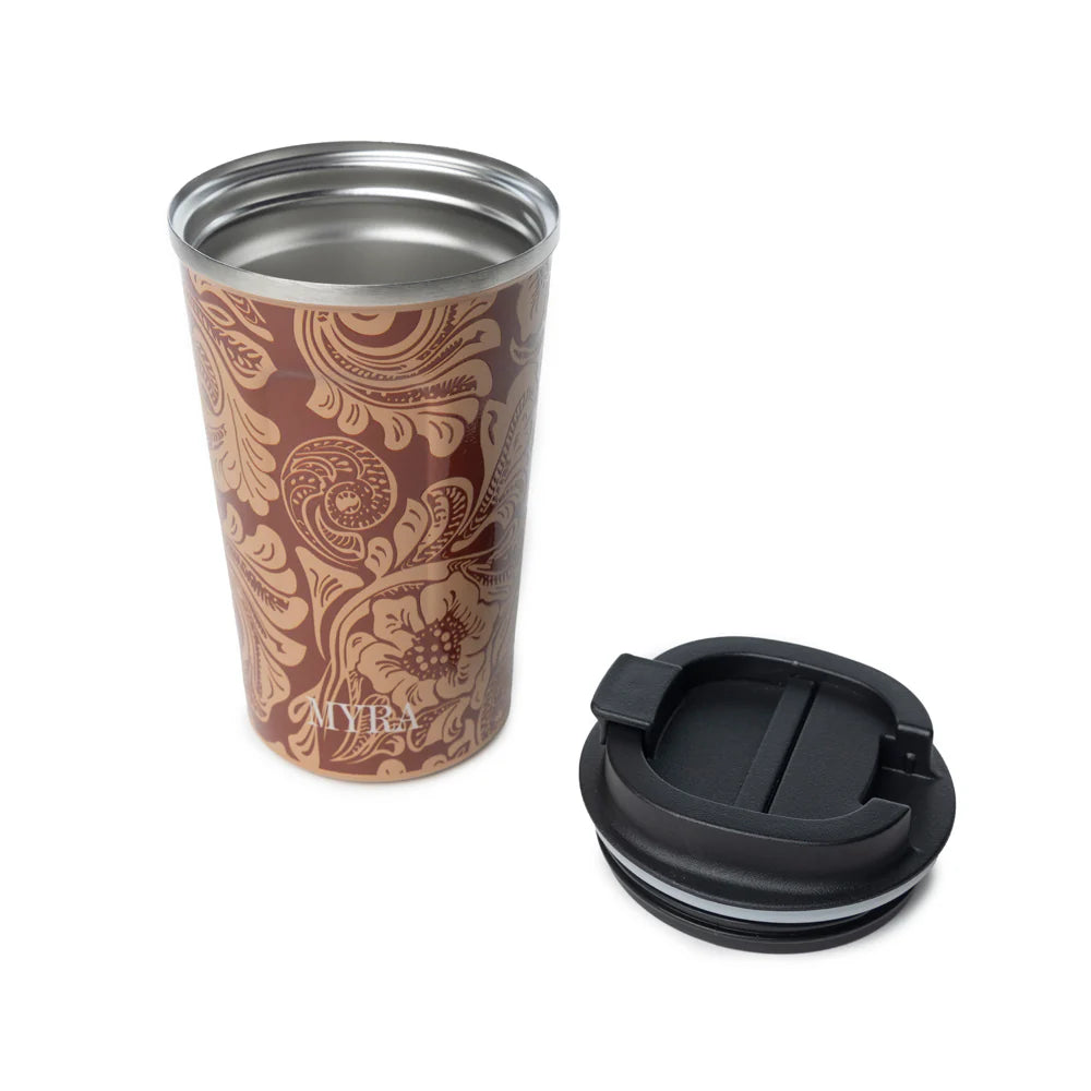 Western Trail Brew Stainless Steel Mug in Brown Baroque. Travel mug with brown floral pattern and black lid on a white background