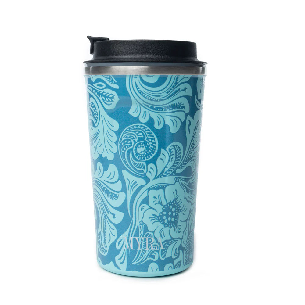 Western Trail Brew Stainless Steel Mug in Turquoise. Blue floral-patterned travel mug with black lid on a white background