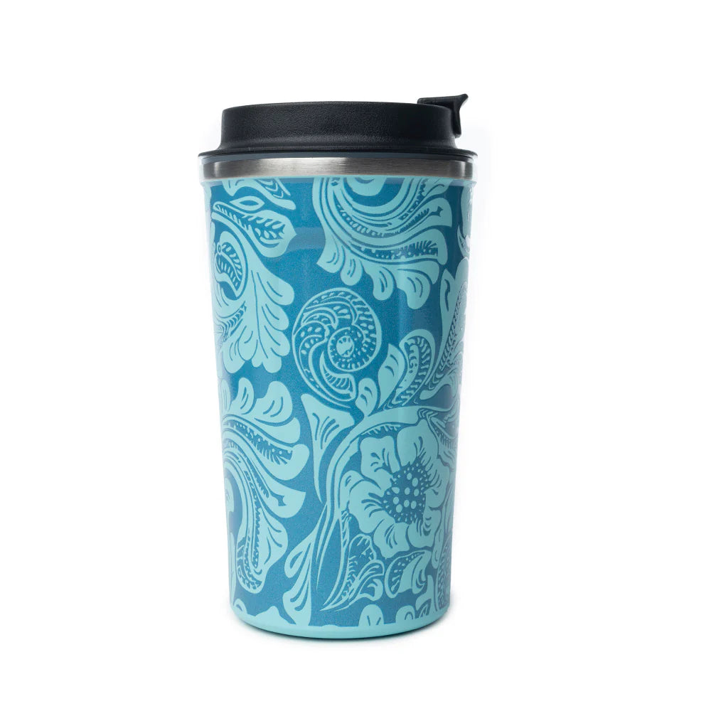 Western Trail Brew Stainless Steel Mug in Turquoise. Blue floral-patterned travel mug with black lid on a white background